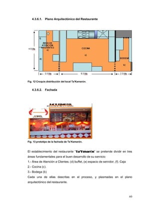 60
4.3.6.1. Plano Arquitectónico del Restaurante
Fig. 12 Croquis distribución del local Ta'Kamarón.
4.3.6.2. Fachada
Fig. 13 prototipo de la fachada de Ta’Kamarón.
El establecimiento del restaurante “TTaa’’KKmmaarróónn” se pretende dividir en tres
áreas fundamentales para el buen desarrollo de su servicio:
1.- Área de Atención a Clientes; (d) buffet, (e) espacio de servidor, (f). Caja
2.- Cocina (c).
3.- Bodega (b)
Cada una de ellas descritas en el proceso, y plasmadas en el plano
arquitectónico del restaurante.
 