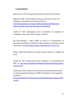 80
VI. BIBLIOGRAFIA
Baca-Urbina, G. 2001. Evaluación de Proyectos. Mc Graw Hill. 4ta Edición
Baguena N. 2006. Comprar platos cocinados y comer fuera de casa en la
antigüedad. Consultado el 8 de octubre de 2009, de
http://www.afuegolento.com/noticias/139/firmas/nbaguena/5168/comprar-
platos-cocinados-y-comer-fuera-de-casa-en-la-antiguedad/
Castillo M. 2000. Orientaciones para la formulación de proyectos de
investigación. Documento inédito. Popayán, Colombia.
Del Carpio-Galegos, J. 2006. Análisis de riesgo en la administración de
proyectos de tecnología de información. Notas científicas. Consultado el 20 de
abril de 2010, de http://revistas.concytec.gob.pe/pdf/id/v9n1/a13v9n1.pdf
Flores J. 2003. Breve historia de la comida mexicana. México. Ed. Grijalbo, SA
de CV.
Graterol ML. 2007. Proeycto de Inversión. Consltuado el 13 de septiembre de
2009, de http://www.monografias.com/trabajos16/proyecto-inversion/proyecto-
inversion.shtml
Gualberto JM. 2002. Evaluación de Proyectos de inversión lineamientos para
un enfoque empresarial adecuado a PYMES. Consultado el 13 de septiembre
de 2009, de
http://www.gestiopolis.com/recursos/documentos/fulldocs/emp/evalpypy.htm#m
as-autor
 