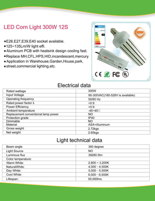 External Power 300W LED Corn Light Specification Neutral