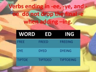 Verbs ending in -ee, -ye, and -
oe do not drop the final -e
when adding –ing.
WORD ED ING
FREE FREED FREEING
DYE DYED DYEING
TIPTOE TIPTOED TIPTOEING
 