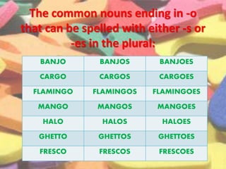 The common nouns ending in -o
that can be spelled with either -s or
-es in the plural:
BANJO BANJOS BANJOES
CARGO CARGOS CARGOES
FLAMINGO FLAMINGOS FLAMINGOES
MANGO MANGOS MANGOES
HALO HALOS HALOES
GHETTO GHETTOS GHETTOES
FRESCO FRESCOS FRESCOES
 