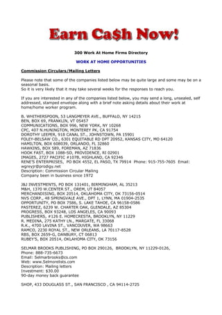 300 Work At Home Firms Directory

                             WORK AT HOME OPPORTUNITIES

Commission Circulars/Mailing Letters

Please note that some of the companies listed below may be quite large and some may be on a
seasonal basis.
So it is very likely that it may take several weeks for the responses to reach you.

If you are interested in any of the companies listed below, you may send a long, unsealed, self
addressed, stamped envelope along with a brief note asking details about their work at
home/home worker program.

B. WHITHERSPOON, 53 LANGMEYER AVE., BUFFALO, NY 14215
BEN, BOX 69, FRANKLIN, VT 05457
COMMUNICATIONS, BOX 996, NEW YORK, NY 10268
CPC, 407 N.HUNINGTON, MONTEREY PK, CA 91754
DOROTHY LEEPER, 918 CANAL ST., JOHNSTOWN, PA 15901
FOLEY-BELSAW CO., 6301 EQUITABLE RD DPT 20952, KANSAS CITY, MO 64120
HAMILTON, BOX 608039, ORLANDO, FL 32860
HAWKINS, BOX 589, FOREMAN, AZ 71836
HOOK FAST, BOX 1088-SD, PROVIDENCE, RI 02901
IMAGES, 2727 PACIFIC #107B, HIGHLAND, CA 92346
RENE’S ENTERPRISES, PO BOX 4552, EL PASO, TX 79914 Phone: 915-755-7605 Email:
wgreyjr@prodigy.net
Description: Commission Circular Mailing
Company been in business since 1972

J&J INVESTMENTS, PO BOX 131401, BIRMINGHAM, AL 35213
M&H, 1370 W.CENTER ST., OREM, UT 84057
MERCHANDISING, BOX 20514, OKLAHOMA CITY, OK 73156-0514
NVS CORP., 48 SPRINGVALE AVE., DPT 1, LYNN, MA 01904-2535
OPPORTUNITY, PO BOX 7586, S. LAKE TAHOE, CA 96158-0586
PASTEREZ, 6239 W. CHARTER OAK, GLENDALE, AZ 85304
PROGRESS, BOX 93248, LOS ANGELES, CA 90093
PUBLISHERS, #126 E. HOMECRESTA, BROOKLYN, NY 11229
R. MEDINA, 275 KATHY LN., MARGATE, FL 33068
R.K., 4700 LAVINA ST., VANCOUVER, WA 98663
RAMCO, 2230 ROYAL ST., NEW ORLEANS, LA 70117-8528
RBS, BOX 2659-G, DANBURY, CT 06813
RUBEY’S, BOX 20514, OKLAHOMA CITY, OK 73156

SELMAR BROOKS PUBLISHING, PO BOX 290126, BROOKLYN, NY 11229-0126,
Phone: 888-735-6673
Email: Selmarbrooks@cs.com
Web: www.Selmorelists.com
Description: Mailing letters
Investment: $30.00
90-day money back guarantee

SHOP, 433 DOUGLASS ST., SAN FRANCISCO , CA 94114-2725
 