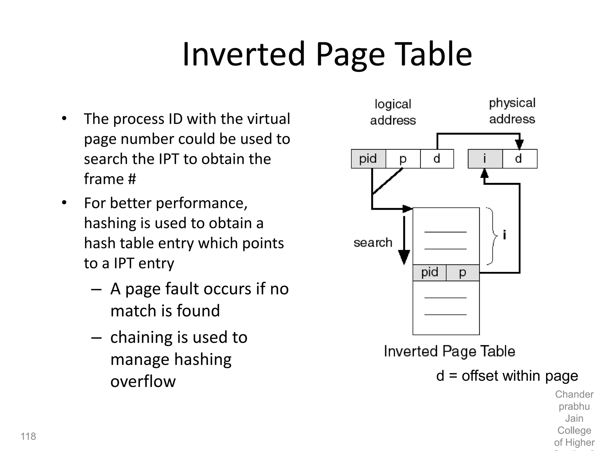 Inverted Page Table
• The process ID with the virtual
page number could be used to
search the IPT to obtain the
frame #
• For better performance,
hashing is used to obtain a
hash table entry which points
to a IPT entry
– A page fault occurs if no
match is found
– chaining is used to
manage hashing
overflow d = offset within page
118
Chander
prabhu
Jain
College
of Higher
 
