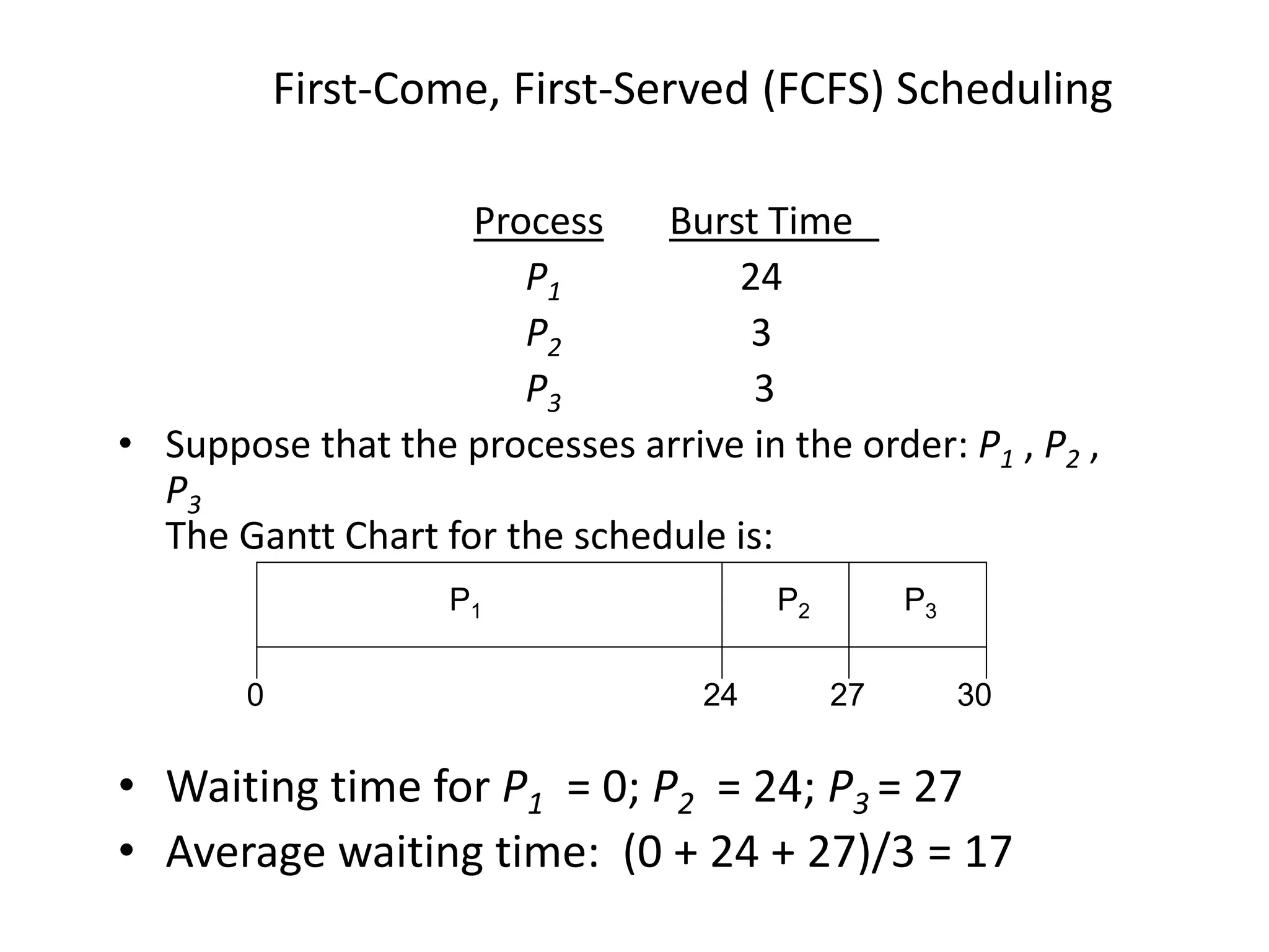 First-Come, First-Served (FCFS) Scheduling
Process Burst Time
P1 24
P2 3
P3 3
• Suppose that the processes arrive in the order: P1 , P2 ,
P3
The Gantt Chart for the schedule is:
• Waiting time for P1 = 0; P2 = 24; P3 = 27
• Average waiting time: (0 + 24 + 27)/3 = 17
P1 P2 P3
24 27 300
 