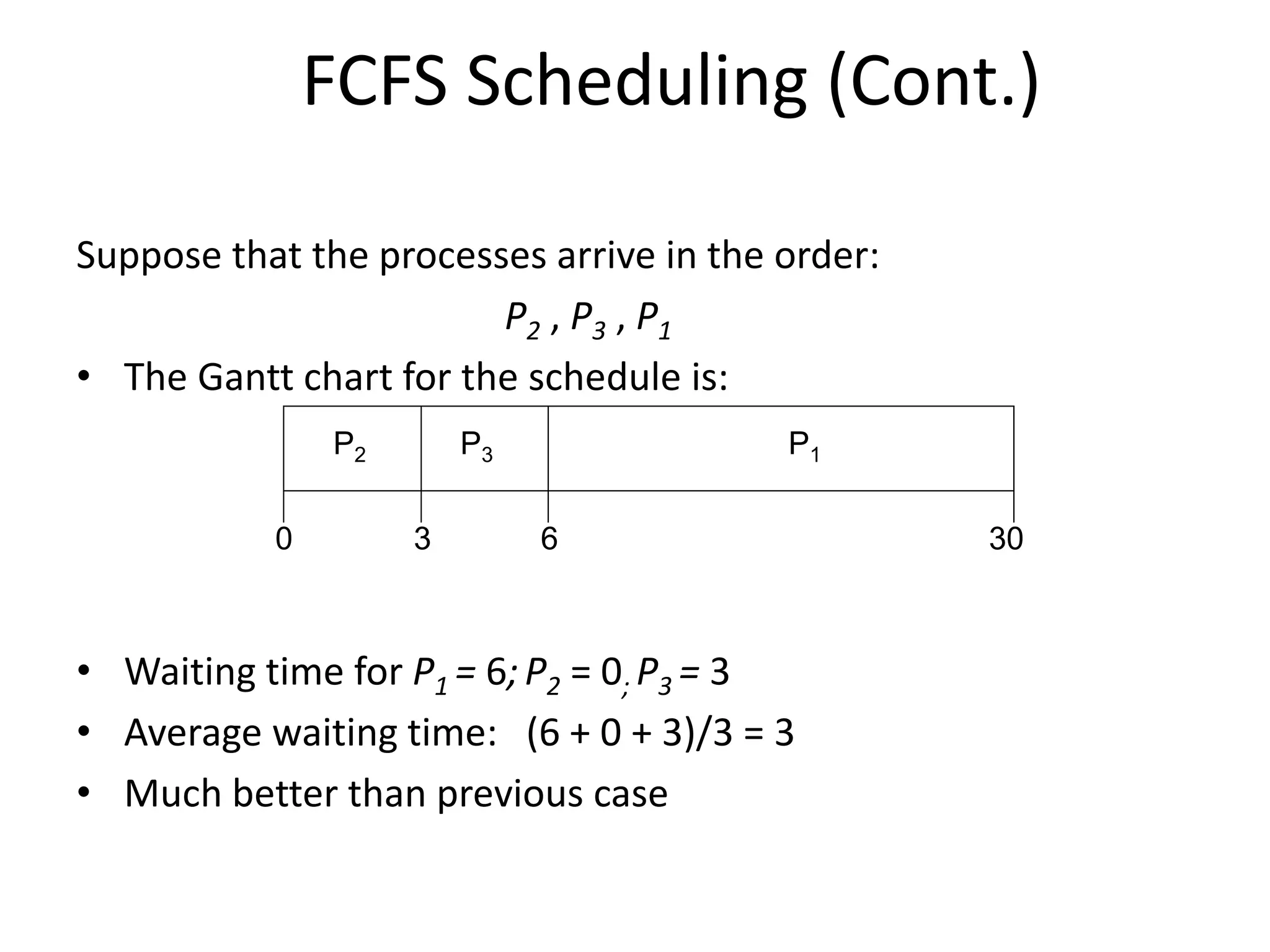 FCFS Scheduling (Cont.)
Suppose that the processes arrive in the order:
P2 , P3 , P1
• The Gantt chart for the schedule is:
• Waiting time for P1 = 6;P2 = 0; P3 = 3
• Average waiting time: (6 + 0 + 3)/3 = 3
• Much better than previous case
P1P3P2
63 300
 