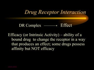Drug Receptor Interaction

            DR Complex         Effect

Efficacy (or Intrinsic Activity) – ability of a
  bound drug to change the receptor in a way
  that produces an effect; some drugs possess
  affinity but NOT efficacy



2004-2005
 