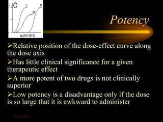 Potency
Relative position of the dose-effect curve along
the dose axis
Has little clinical significance for a given
therapeutic effect
A more potent of two drugs is not clinically
superior
Low potency is a disadvantage only if the dose
is so large that it is awkward to administer
  2004-2005
 