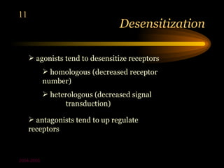 11
                                  Desensitization

      agonists tend to desensitize receptors
             homologous (decreased receptor
            number)
             heterologous (decreased signal
                  transduction)

      antagonists tend to up regulate
     receptors



2004-2005
 