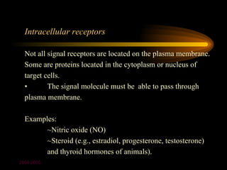 Intracellular receptors

  Not all signal receptors are located on the plasma membrane.
  Some are proteins located in the cytoplasm or nucleus of
  target cells.
  •       The signal molecule must be able to pass through
  plasma membrane.

  Examples:
        ~Nitric oxide (NO)
        ~Steroid (e.g., estradiol, progesterone, testosterone)
        and thyroid hormones of animals).
2004-2005
 