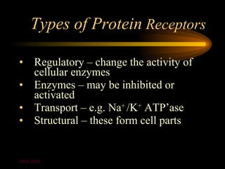 Types of Protein Receptors

• Regulatory – change the activity of
  cellular enzymes
• Enzymes – may be inhibited or
  activated
• Transport – e.g. Na+ /K+ ATP’ase
• Structural – these form cell parts


2004-2005
 