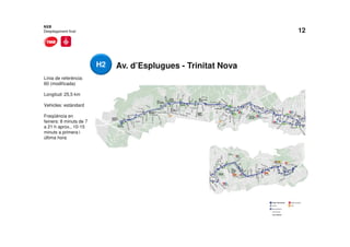12
Av. d’Esplugues - Trinitat Nova
NXB
Desplegament final
Línia de referència:
60 (modificada)
Longitud: 25,5 km
Vehicles: estàndard
Freqüència en
feiners: 8 minuts de 7
a 21 h aprox., 10-15
minuts a primera i
última hora
H2
 