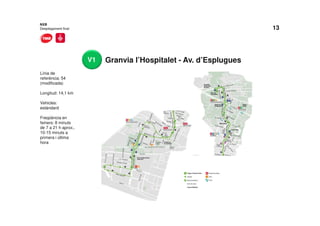 13
Granvia l’Hospitalet - Av. d’Esplugues
Línia de
referència: 54
(modificada)
Longitud: 14,1 km
Vehicles:
estàndard
Freqüència en
feiners: 8 minuts
de 7 a 21 h aprox.,
10-15 minuts a
primera i última
hora
NXB
Desplegament final
V1
 