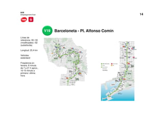 14
Barceloneta - Pl. Alfonso Comín
Línies de
referència: 39 i 55
(modificades) i 92
(substituïda)
Longitud: 25,4 km
Vehicles:
estàndard
Freqüència en
feiners: 8 minuts
de 7 a 21 h aprox.,
10-15 minuts a
primera i última
hora
NXB
Desplegament final
V19
 