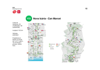 15
Nova Icària - Can Marcet
Línies de
referència: 39
(modificada) i 92
(substituïda)
Longitud: 19,5 km
Vehicles:
estàndard
Freqüència en
feiners: 8 minuts
de 7 a 21 h aprox.,
10-15 minuts a
primera i última
hora
NXB
Desplegament final
V23
 