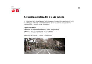 23
Actuacions destacades a la via pública
NXB
Desplegament final
La implantació de la Nova Xarxa ve acompanyada d’actuacions infraestructurals en la
via pública per millorar la mobilitat, l’eficiència de les noves línies i les condicions
d’accessibilitat a aquesta xarxa. Destaquem:
1. Nous carrils bus
2. Millores de la prioritat semafòrica i de la senyalització
3. Millores de l’espai públic i de l’accessibilitat
Pressupost de licitació: 1.720.000 € (IVA inclòs)
 