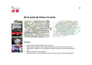 3
De la suma de línies a la xarxa
NXB
Desplegament final
Beneficis:
• Més senzilla d’utilitzar, entesa com una xarxa
• Menys temps d’espera: altes freqüències de pas (5-8 minuts en feiners, aprox.)
• Més agilitat i fiabilitat en els recorreguts: trajectes rectilinis amb més prioritat per al
bus
• Més connectivitat i intermodalitat
• Més informació: més tecnologia online per informar el client i millor senyalització
 