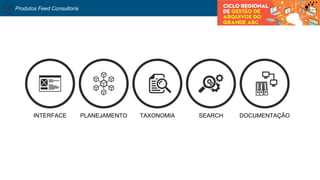 Produtos Feed Consultoria
INTERFACE PLANEJAMENTO TAXONOMIA SEARCH DOCUMENTAÇÃO
 