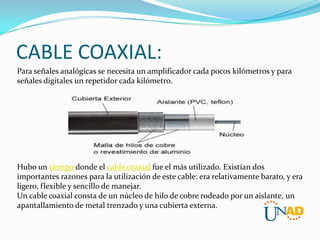 CABLE COAXIAL:
Para señales analógicas se necesita un amplificador cada pocos kilómetros y para
señales digitales un repetidor cada kilómetro.

Hubo un tiempo donde el cable coaxial fue el más utilizado. Existían dos
importantes razones para la utilización de este cable: era relativamente barato, y era
ligero, flexible y sencillo de manejar.
Un cable coaxial consta de un núcleo de hilo de cobre rodeado por un aislante, un
apantallamiento de metal trenzado y una cubierta externa.

 