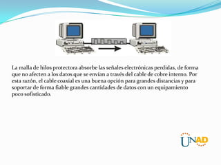 La malla de hilos protectora absorbe las señales electrónicas perdidas, de forma
que no afecten a los datos que se envían a través del cable de cobre interno. Por
esta razón, el cable coaxial es una buena opción para grandes distancias y para
soportar de forma fiable grandes cantidades de datos con un equipamiento
poco sofisticado.

 