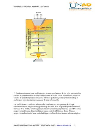 UNIVERSIDAD NACIONAL ABIERTA Y A DISTANCIA
UNIVERSIDAD NACIONAL ABIERTA Y A DISTANCIA UNAD – www.unad.edu.co 13
El funcionamiento de estos multiplexores permite que la suma de las velocidades de los
canales de entrada supere la velocidad del canal de salida. Si en un momento todos los
canales de entrada tienen información, el tráfico global no podrá ser transmitido y el
multiplexor necesitará almacenar parte de esta información.
Los multiplexores estadísticos han evolucionado en un corto período de tiempo
convirtiéndose en máquinas muy potentes y flexibles. Han acaparado prácticamente el
mercado de la MDT y constituyen actualmente una seria competencia a los MDF. Estos
proporcionan técnicas de control de errores y control del flujo de datos. Algunos
proporcionan la circuitería de modulación para realizar la interfaz con redes analógicas.
 