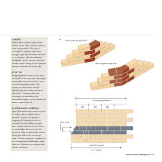 ANGLES
Walls which include angle bricks
should be set out to the face side as
with any facework. The use of
squints will maintain half bond.
Longer angle bricks (often referred
to as dog-legs) will also maintain
half-bond but the shorter ones will
involve some cutting of the standard
brick to maintain the bond. (h)
PLINTHS
Stepped plinth courses at the base
of a wall will increase the wall length
externally and may result in a non-
co-ordinating dimension. The
setting out dimension should
therefore be the brickwork above
the plinth courses so that any
cutting to accommodate the
increased length is in the plinth and
lower courses only. (i)
COPINGS AND CAPPINGS
Special consideration must be given
to fixing a line and pins when
placing a course of copings or
cappings. It is good practice to
consider the most obvious ‘sight
line’ or side most likely to be seen.
As the bricks will vary in size the
favoured edge or arris of the course
being laid will be the ‘trued up’
edge. Where copings or capping are
to be viewed from both sides, some
selection of units to a common size
will be necessary.
IBSTOCK DESIGN • WINTER 2016/17 • 41
External angle using squint bricks
Angle using external angle bricks
Co-ordinating dimensions
C C
C
CC
C
220 225 225
(C = cutback)
cut brick dimension
Plinth bricks
h
i
 