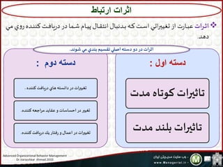 ‫ات‬‫ر‬‫ر‬‫ر‬‫ث‬‫ا‬‫و‬‫و‬‫و‬‫ن‬‫ن‬ ‫وت‬‫و‬‫و‬‫ف‬‫يا‬‫ر‬‫د‬‫در‬‫وما‬‫و‬‫ش‬ ‫وام‬‫و‬‫و‬‫ي‬‫پ‬ ‫وال‬‫و‬‫و‬‫ق‬‫انت‬ ‫ودنبال‬‫و‬‫و‬‫ب‬ ‫وه‬‫و‬ ‫وت‬‫و‬‫و‬‫س‬‫ا‬ ‫وي‬‫و‬‫و‬‫ت‬‫ا‬‫ر‬‫تغيي‬ ‫از‬ ‫ت‬‫ر‬‫وا‬‫و‬‫و‬‫ب‬‫ع‬‫وي‬‫و‬‫و‬‫م‬‫ي‬‫و‬‫ر‬ ‫ده‬
‫دهد‬.
‫ارتباط‬ ‫اثرات‬
‫دوم‬ ‫دسته‬:
‫كننده‬ ‫يافت‬‫ر‬‫د‬ ‫هاي‬ ‫دانسته‬‫در‬ ‫تغيیرات‬.
‫كننده‬ ‫اجعه‬‫ر‬‫م‬ ‫عقايد‬‫و‬ ‫احساسات‬‫در‬‫تغيیر‬.
‫كننده‬ ‫يافت‬‫ر‬‫د‬ ‫يك‬‫فتار‬‫ر‬‫و‬ ‫اعمال‬‫در‬ ‫ات‬‫ر‬‫تغيی‬.
‫اول‬ ‫دسته‬:
‫م‬ ‫کوتاه‬ ‫تاثیرات‬‫دت‬
‫مد‬ ‫بلند‬ ‫تاثیرات‬‫ت‬
‫اثرات‬‫د‬‫دو‬ ‫در‬‫تقسيم‬ ‫اصلي‬‫سته‬‫بندي‬‫شوند‬‫مي‬.
Advanced Organizational Behavior Management
Dr.Varzeshkar Ahmad.2010 17
 