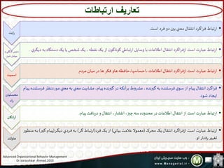 9
‫تعاریف‬‫ارتباطات‬
‫رايت‬
•‫است‬ ‫فرد‬ ‫دو‬ ‫بين‬ ‫معني‬ ‫انتقال‬ ‫اگرد‬‫ر‬‫ف‬ ‫تباط‬‫ر‬‫ا‬.
‫و‬‫النگلي‬ ‫دنيس‬
‫شین‬‫ميشل‬
•‫دستگ‬ ‫يک‬ ‫يا‬ ‫شخص‬ ‫يک‬ ، ‫نقطه‬ ‫يک‬ ‫از‬ ‫ن‬‫گوناگو‬ ‫تباطي‬‫ر‬‫ا‬ ‫وسايل‬ ‫با‬ ‫اطالعات‬ ‫انتقال‬ ‫اگرد‬‫ر‬‫ف‬‫ز‬‫ا‬ ‫است‬ ‫ت‬‫ر‬‫عبا‬ ‫تباط‬‫ر‬‫ا‬‫ي‬‫ديگر‬ ‫به‬ ‫اه‬.
‫اسميت‬
•‫مردم‬ ‫ميان‬ ‫در‬ ‫ها‬ ‫فکر‬ ‫هاو‬ ‫،احساسها،حافظه‬ ‫اطالعات‬ ‫انتقال‬ ‫اگرد‬‫ر‬‫ف‬‫ز‬‫ا‬ ‫است‬ ‫ت‬‫ر‬‫عبا‬ ‫تباط‬‫ر‬‫ا‬
‫محسنيان‬
‫راد‬
•‫وو‬‫م‬ ‫معني‬ ‫به‬ ‫معني‬ ‫مشابهت‬ ،‫پيام‬ ‫گيرنده‬ ‫در‬ ‫آنکه‬‫ر‬‫ب‬ ‫مشروط‬ ، ‫گيرنده‬ ‫به‬ ‫فرستنده‬ ‫ي‬‫سو‬ ‫از‬ ‫پيام‬ ‫انتقال‬ ‫اگرد‬‫ر‬‫ف‬‫وام‬‫ي‬‫پ‬ ‫وتنده‬‫س‬‫فر‬ ‫ردنظر‬
‫شود‬ ‫ايجاد‬.
‫آرانگان‬
•‫پيام‬ ‫يافت‬‫ر‬‫د‬ ‫و‬ ‫انتقال‬ ،‫انتشار‬ ،‫چيز‬ ‫سه‬ ‫محدوده‬ ‫در‬ ‫اطالعات‬ ‫انتقال‬ ‫از‬ ‫است‬ ‫ت‬‫ر‬‫عبا‬ ‫تباط‬‫ر‬‫ا‬.
‫هاولند‬
•‫محرک‬ ‫يک‬ ‫انتقال‬ ‫اگرد‬‫ر‬‫ف‬‫ز‬‫ا‬ ‫است‬ ‫ت‬‫ر‬‫عبا‬ ‫تباط‬‫ر‬‫ا‬(‫بياني‬ ‫عالمت‬‫معموال‬)‫فرد‬ ‫يک‬ ‫از‬(‫گر‬ ‫تباط‬‫ر‬‫ا‬)‫ور‬‫گ‬‫دي‬ ‫وردي‬‫ف‬ ‫وه‬‫ب‬(‫وام‬‫ي‬‫پ‬‫ور‬‫ي‬‫گ‬)‫وور‬‫ظ‬‫من‬ ‫وه‬‫ب‬
‫او‬ ‫فتار‬‫ر‬ ‫تغيير‬.
Advanced Organizational Behavior Management
Dr.Varzeshkar Ahmad.2010
 