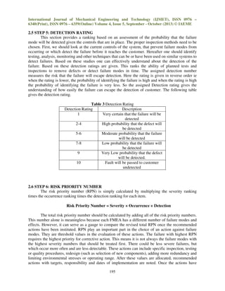 International Journal of Mechanical Engineering and Technology (IJMET), ISSN 0976 –
6340(Print), ISSN 0976 – 6359(Online) Volume 4, Issue 5, September - October (2013) © IAEME

2.5 STEP 5: DETECTION RATING
This section provides a ranking based on an assessment of the probability that the failure
mode will be detected given the controls that are in place. The proper inspection methods need to be
chosen. First, we should look at the current controls of the system, that prevent failure modes from
occurring or which detect the failure before it reaches the customer. Hereafter one should identify
testing, analysis, monitoring and other techniques that can be or have been used on similar systems to
detect failures. Based on these studies one can effectively understand about the detection of the
failure. Based on these detection ratings are given. This ranks the ability of planned tests and
inspections to remove defects or detect failure modes in time. The assigned detection number
measures the risk that the failure will escape detection. Here the rating is given in reverse order ie
when the rating is lower, the probability of identifying the failure is high and when the rating is high
the probability of identifying the failure is very less. So the assigned Detection rating gives the
understanding of how easily the failure can escape the detection of customer. The following table
gives the detection rating.
Table 3 Detection Rating
Detection Rating
Description
1
Very certain that the failure will be
detected
2-4
High probability that the defect will
be detected
5-6
Moderate probability that the failure
will be detected
7-8
Low probability that the failure will
be detected
9
Very Low probability that the defect
will be detected.
10
Fault will be passed to customer
undetected

2.6 STEP 6: RISK PRIORITY NUMBER
The risk priority number (RPN) is simply calculated by multiplying the severity ranking
times the occurrence ranking times the detection ranking for each item.
Risk Priority Number = Severity × Occurrence × Detection
The total risk priority number should be calculated by adding all of the risk priority numbers.
This number alone is meaningless because each FMEA has a different number of failure modes and
effects. However, it can serve as a gauge to compare the revised total RPN once the recommended
actions have been instituted. RPN play an important part in the choice of an action against failure
modes. They are threshold values in the evaluation of these actions. The failure with highest RPN
requires the highest priority for corrective action. This means it is not always the failure modes with
the highest severity numbers that should be treated first. There could be less severe failures, but
which occur more often and are less detectable. These actions can include specific inspection, testing
or quality procedures, redesign (such as selection of new components), adding more redundancy and
limiting environmental stresses or operating range. After these values are allocated, recommended
actions with targets, responsibility and dates of implementation are noted. Once the actions have
195

 