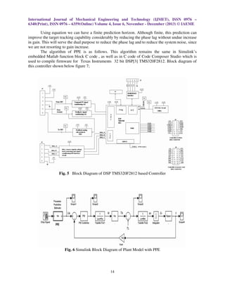International Journal of Mechanical Engineering and Technology (IJMET), ISSN 0976 –
6340(Print), ISSN 0976 – 6359(Online) Volume 4, Issue 6, November - December (2013) © IAEME

Using equation we can have a finite prediction horizon. Although finite, this prediction can
improve the target tracking capability considerably by reducing the phase lag without undue increase
in gain. This will serve the dual purpose to reduce the phase lag and to reduce the system noise, since
we are not resorting to gain increase.
The algorithm of PPE is as follows. This algorithm remains the same in Simulink’s
embedded Matlab function block C code , as well as in C code of Code Composer Studio which is
used to compile firmware for Texas Instruments 32 bit DSP[3] TMS320F2812. Block diagram of
this controller shown below figure 7;

Fig. 5 Block Diagram of DSP TMS320F2812 based Controller

Fig. 6 Simulink Block Diagram of Plant Model with PPE

14

 