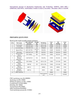 International Journal of Mechanical Engineering and Technology (IJMET), ISSN 0976 –
6340(Print), ISSN 0976 – 6359(Online) Volume 4, Issue 6, November - December (2013) © IAEME

PREPARING QUOTATION
Based on the rough assembly prepare quotation.
S.No

Part name

1
2
3

Cavity plate
Core plate
Core back plate

Raw material
size(mm)
1380*620*420
1380*620*400
1380*620*120

4

Spacer(2Nos)

620*120*350

5

Back plate
Ejector guide
(8Nos)
Ejector &
Retainer
plate(2Nos)
Guide
pillar(4Nos)
Guide
bush(4Nos)
Ejector
pins(25Nos)
Retainer
pins(6Nos)
Other materials

1380*620*120

Weight
Kg
2800
2700
134
210*2=
420
800

350*100Dia

6
7
8
9
10
11
12

EN31(120)
EN31(120)
EN8(60)

Cost
Rs
336000
324000
8040

M2
(Rs/Kg)
C45 (70)
C45 (70)
M.S (50)

Cost
Rs
196000
189000
6700

M.S(50)

21000

M.S(50)

21000

M.S(50)

40050

M.S(50)

40050

200

M.S(50)

10000

M.S(50)

10000

1160*620*45

510

M.S(50)

25500

M.S(50)

25500

350*100Dia

100

EN31(130)

13000

C45 (80)

8000

400*90

120

EN31(130)

15600

C45 (80)

9600

400*12

OHNS

8750

OHNS

8750

400*16

EN31

1200

EN31

1200

M1(Rs/kg)

30000
Total material
cost

CNC machining cost= Rs.400000/Jig boring cost=Rs.10000/Drilling & tapping cost=Rs. 15000/Cooling holes cost=Rs 8000/Polishing =Rs 30000/Transportation=Rs10000/Other machining=Rs60000/Total machining amount=Rs 533000/237

30000

833140/-

545800/-

 