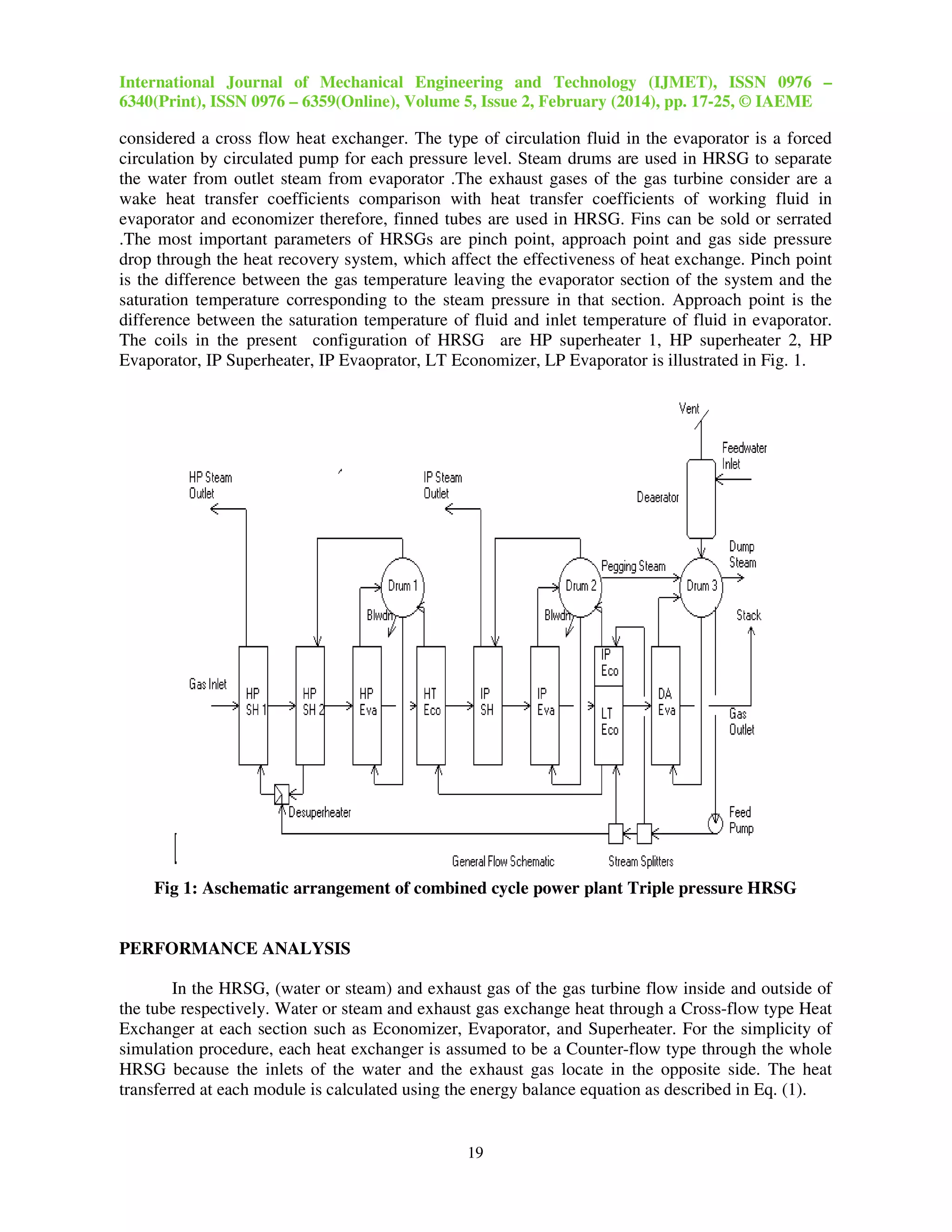 International Journal of Mechanical Engineering and Technology (IJMET), ISSN 0976 –
6340(Print), ISSN 0976 – 6359(Online), Volume 5, Issue 2, February (2014), pp. 17-25, © IAEME
19
considered a cross flow heat exchanger. The type of circulation fluid in the evaporator is a forced
circulation by circulated pump for each pressure level. Steam drums are used in HRSG to separate
the water from outlet steam from evaporator .The exhaust gases of the gas turbine consider are a
wake heat transfer coefficients comparison with heat transfer coefficients of working fluid in
evaporator and economizer therefore, finned tubes are used in HRSG. Fins can be sold or serrated
.The most important parameters of HRSGs are pinch point, approach point and gas side pressure
drop through the heat recovery system, which affect the effectiveness of heat exchange. Pinch point
is the difference between the gas temperature leaving the evaporator section of the system and the
saturation temperature corresponding to the steam pressure in that section. Approach point is the
difference between the saturation temperature of fluid and inlet temperature of fluid in evaporator.
The coils in the present configuration of HRSG are HP superheater 1, HP superheater 2, HP
Evaporator, IP Superheater, IP Evaoprator, LT Economizer, LP Evaporator is illustrated in Fig. 1.
Fig 1: Aschematic arrangement of combined cycle power plant Triple pressure HRSG
PERFORMANCE ANALYSIS
In the HRSG, (water or steam) and exhaust gas of the gas turbine flow inside and outside of
the tube respectively. Water or steam and exhaust gas exchange heat through a Cross-flow type Heat
Exchanger at each section such as Economizer, Evaporator, and Superheater. For the simplicity of
simulation procedure, each heat exchanger is assumed to be a Counter-flow type through the whole
HRSG because the inlets of the water and the exhaust gas locate in the opposite side. The heat
transferred at each module is calculated using the energy balance equation as described in Eq. (1).
 