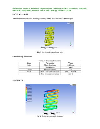 International Journal of Mechanical Engineering and Technology (IJMET), ISSN 0976 – 6340(Print),
ISSN 0976 – 6359(Online), Volume 5, Issue 4, April (2014), pp. 138-146 © IAEME
145
8. CFD ANALYSIS
3D model of radiator tubes was imported to ANSYS workbench for CFD analysis
Fig 5: CAD model of radiator tube
8.1 Boundary conditions
Table 3: Boundary Conditions
Zone Parameter Value
Inlet Mass flow inlet 0.43kg/s
Temperature 360K
Outlet Pressure Outlet 0 Pa
Walls Heat Transfer Coefficient 313.27 W/m2
K
Free stream temperature 323 K
9. RESULTS
Fig 6: Temp drop through the tubes
 