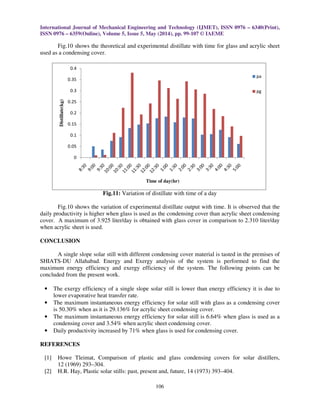 International Journal of Mechanical Engineering and Technology (IJMET), ISSN 0976 – 6340(Print),
ISSN 0976 – 6359(Online), Volume 5, Issue 5, May (2014), pp. 99-107 © IAEME
106
Fig.10 shows the theoretical and experimental distillate with time for glass and acrylic sheet
used as a condensing cover.
Fig.11: Variation of distillate with time of a day
Fig.10 shows the variation of experimental distillate output with time. It is observed that the
daily productivity is higher when glass is used as the condensing cover than acrylic sheet condensing
cover. A maximum of 3.925 liter/day is obtained with glass cover in comparison to 2.310 liter/day
when acrylic sheet is used.
CONCLUSION
A single slope solar still with different condensing cover material is tasted in the premises of
SHIATS-DU Allahabad. Energy and Exergy analysis of the system is performed to find the
maximum energy efficiency and exergy efficiency of the system. The following points can be
concluded from the present work.
• The exergy efficiency of a single slope solar still is lower than energy efficiency it is due to
lower evaporative heat transfer rate.
• The maximum instantaneous energy efficiency for solar still with glass as a condensing cover
is 50.30% when as it is 29.136% for acrylic sheet condensing cover.
• The maximum instantaneous energy efficiency for solar still is 6.64% when glass is used as a
condensing cover and 3.54% when acrylic sheet condensing cover.
• Daily productivity increased by 71% when glass is used for condensing cover.
REFERENCES
[1] Howe Tleimat, Comparison of plastic and glass condensing covers for solar distillers,
12 (1969) 293–304.
[2] H.R. Hay, Plastic solar stills: past, present and, future, 14 (1973) 393–404.
0
0.05
0.1
0.15
0.2
0.25
0.3
0.35
0.4
Distillate(kg)
Time of day(hr)
pa
pg
 
