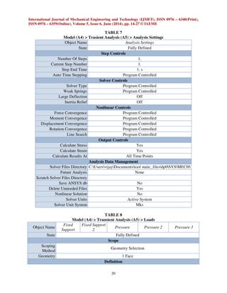 International Journal of Mechanical Engineering and Technology (IJMET), ISSN 0976 – 6340(Print),
ISSN 0976 – 6359(Online), Volume 5, Issue 6, June (2014), pp. 14-27 © IAEME
20
TABLE 7
Model (A4) > Trasient Analysis (A5) > Analysis Settings
Object Name Analysis Settings
State Fully Defined
Step Controls
Number Of Steps 1.
Current Step Number 1.
Step End Time 1. s
Auto Time Stepping Program Controlled
Solver Controls
Solver Type Program Controlled
Weak Springs Program Controlled
Large Deflection Off
Inertia Relief Off
Nonlinear Controls
Force Convergence Program Controlled
Moment Convergence Program Controlled
Displacement Convergence Program Controlled
Rotation Convergence Program Controlled
Line Search Program Controlled
Output Controls
Calculate Stress Yes
Calculate Strain Yes
Calculate Results At All Time Points
Analysis Data Management
Solver Files Directory C:UsersvijayDocumentstool static_filesdp0SYSMECH
Future Analysis None
Scratch Solver Files Directory
Save ANSYS db No
Delete Unneeded Files Yes
Nonlinear Solution No
Solver Units Active System
Solver Unit System Mks
TABLE 8
Model (A4) > Transient Analysis (A5) > Loads
Object Name
Fixed
Support
Fixed Support
2
Pressure Pressure 2 Pressure 3
State Fully Defined
Scope
Scoping
Method
Geometry Selection
Geometry 1 Face
Definition
 