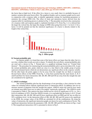 International Journal of Mechanical Engineering and Technology (IJMET), ISSN 0976 – 6340(Print), 
ISSN 0976 – 6359(Online), Volume 5, Issue 7, July (2014), pp. 113-124 © IAEME 
116 
 
Table 3: Chemical composition of tool electrode 
Material Fe% Si% Sb% Zn% Sn% Al% P% Cu% 
% weight 0.015 0.01 0.002 0.004 0.004 0.004 0.002 Balance 
Fig. 1: Geometry of the tool electrode and the workpiece 
Table 4: Design matrix and corresponding output response 
Exp. 
No 
Coded factors Actual factors EWR 
A B C D A B C D mm3/min. 
1 -1 -1 -1 -1 Multi 4 channels 30 100 50 1.115 
2 +1 -1 -1 -1 Multi 7 channels 30 100 50 0.885 
3 -1 +1 -1 -1 Multi 4 channels 36 100 50 1.152 
4 +1 +1 -1 -1 Multi 7 channels 36 100 50 0.923 
5 -1 -1 +1 -1 Multi 4 channels 30 150 50 1.232 
6 +1 -1 +1 -1 Multi 7 channels 30 150 50 0.985 
7 -1 +1 +1 -1 Multi 4 channels 36 150 50 1.267 
8 +1 +1 +1 -1 Multi 7 channels 36 150 50 1.012 
9 -1 -1 -1 +1 Multi 4 channels 30 100 75 0.970 
10 +1 -1 -1 +1 Multi 7 channels 30 100 75 0.785 
11 -1 +1 -1 +1 Multi 4 channels 36 100 75 1.005 
12 +1 +1 -1 +1 Multi 7 channels 36 100 75 0.813 
13 -1 -1 +1 +1 Multi 4 channels 30 150 75 1.082 
14 +1 -1 +1 +1 Multi 7 channels 30 150 75 0.865 
15 -1 +1 +1 +1 Multi 4 channels 36 150 75 1.102 
16 +1 +1 +1 +1 Multi 7 channels 36 150 75 1.012 
3. INFLUENCES OF MACHINING PARAMETERS AND THEIR EFFECTS ON EWR 
The effect of factors which influences the EWR on AISI 304 SS has been analyzed through: 
A. Response table and effect graph 
The influence of machining parameters on EWR has been performed using response table. 
Response tables are used to simplify the calculations needed to analyze the experimental data. In 
response table, the effect of a factor on a response variable is the change in the response when the 
factor goes from it slow level to its high level. The complete response table for a two level, 16 run 
full factorial experimental design is shown in Table 5. If the effect of a factor is greater than zero, 
the average response is higher for the higher level of the factor than for the low level. However, if 
the estimated effect is less than zero, it indicates that the average response is higher at low level of 
 