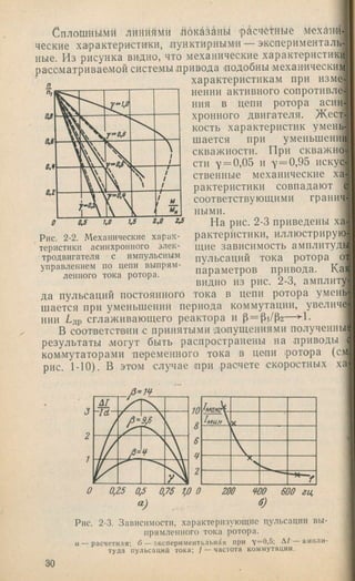 Сплошными линиями показаны 'расчетные Механ'й-
ческие характериетики, пунктирным'И — эксперименталь­
ные. Из рисунка видно, что механические характеристики]
рассматриваемой системы привода 'подобны механическим]
характеристикам при изме-
Рис. 2-2. Механические харах-
’ теристикн асинхронного элек­
тродвигателя с импульсным
управлением по цепи выпрям­
ленного тока ротора.
нении активного сопротивле­
ния в цепи ротора асин­
хронного двигателя. Ж ест­
кость характеристик умень­
шается при уменьшении
скважности. При скважно­
сти y = 0,05 и y = 0,95 искус­
ственные механические ха­
рактеристики совпадают с
соответствующими гранич­
ными.
На рис. 2-3 приведены ха­
рактеристики, иллюстрирую;-
щие зависимость амплитуды
пульсаций тока ротора от
параметров привода. Как
видно из рис. 2-3, амплитуд
да пульсаций постоянного тока в цепи ротора умень:
шается при уменьшении периода коммутации, увеличе]
НИИ А др сглаживающего реактора и p = pi/p2—
В соответств'ии с принятыми 'допущениями полученные
результаты .могут быть распространены на приводы 4
коммутаторами переменного тока в цепи 'ротора (с.м^
рис. 1-10). В этом случае при расчете скоростных ха,-
й1гя/Id
/ ' я 9,6 ^

/
У
^ман  у
V

а ) б)
Рис. 2-3. Зависимости, характеризующие цульсации вы­
прямленного тока ротора.
и — расчетная; б — экспериментальная при — ампли­
туда пульсаций тока; / — частота коммутации.
30
 