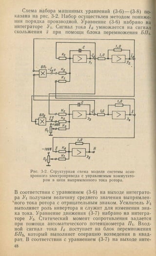 Схема набора машинных уравнений (3-6) — (3-8) по­
казана на рис. 3-2. Набор осуществлен методом пониже­
ния порядка производной. Уравнение (3-6) набрано на
интеграторе Уи Сигнал тока /а умножается на сигнал
скольжения s при помощи блока перемножения BHi.
Кг
5П1 -
X
-Id S
1Р-С
>
-ц
1,0
БПг _
Ч Х —
* 1 0 0 Т %
>
-S
в - с
ио
-100в
ио
S кв
к? >
и о
>
ио
>
Рис. 3-2. Структурная схема модели системы асин­
хронного электропривода с управляемым коммутато­
ром в цепи выпрямленного тока ротора.
В соответствии с уравнением (3-6) на выходе интеграто­
ра У получаем величину среднего значения выпрямлеи-
'ного тока ротора с отрицательным знаком. Усилитель Уг
выполняет роль инвертора и служит для изменения зна­
ка тока. Уравнение движения (3-7) набрано на интегра­
торе Уз. Статический момент сопротивления задается
при помощи автоматического потенциометра Вход­
ной сигнал тока Id поступает на блок перемножения
БПг, который выполняет операцию возведения в квад­
рат. В соответствии с уравнением (3-7) на выходе инте-
48
 