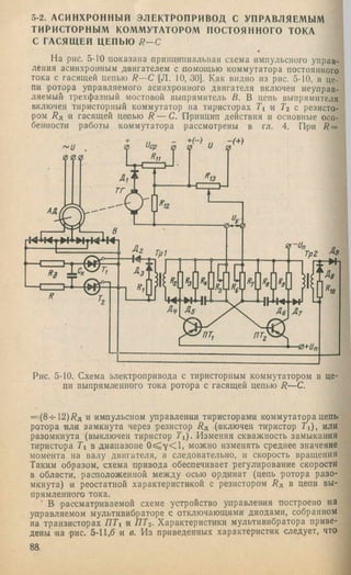 5-2. АСИНХРОННЫЙ ЭЛЕКТРОПРИВОД С УПРАВЛЯЕМЫМ
ТИРИСТОРНЫМ КОММУТАТОРОМ п о с т о я н н о г о ТОКА
с ГАСЯЩЕЙ ЦЕПЬЮ R —C
На рис. 5-10 показана принципиальная схема импульсного управ­
ления асин.хрон'ным двигателем с помощью коммутатора постоянного
тока с гасящей цепью R— C (Л. 10, 30]. Как видно из рис. 5-10, в це­
пи ipoTopa управляемого асин.хронного двигателя включен неуправ­
ляемый трехфазный мостовой выпрямитель В. В цепь выпрямителя
включен тиристорный коммутатор па тиристорах Ti « Т2 с резисто­
ром /?д и гасящей цепью R — С. Принцип действия и основные осо-
бен'ности работы коммутатора рассмотрены в гл. 4. При R —
Рис. 5-10, Схема электропривода с тиристорным коммутатором в це­
пи выпрямленного тока ротора с гасящей цепью R —С.
=|(8-г-12)i?fl и импульсном управлении тиристорами коммутатора цепь
ротора или замкнута через резистор (включен тиристор Ti), или
разомкнута (выключен тиристор T’l). Изменяя скважность замыкания
тиристора Ti в диапазоне 0 ^ -у < 1 , можно изменять среднее значение
момента на валу двигателя, а следовательно, и скорость вращения
Таким образом, схема привода обеспечивает регулирование скорости
в области, расположенной между осью ординат (цепь ротора разо­
мкнута) и реостатной характеристикой с резистором Т?д в цепи вы­
прямленного тока.
В рассматриваемой схеме устройство управления построено иа
управляемом мультивибраторе с отключающими диодами, собранном
на транзисторах TITi и ПТ^. Характеристики мультивибратора приве­
дены иа рис. 5-11,6 и в. Из приведенных характеристик следует, что
88
 