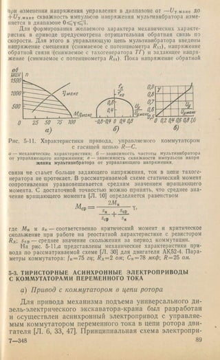при изменении напряжения управления в диапазоне от —^у.макс До
+ бу.макс скважность импульсов напряжения мультивибратора изме­
няется в диапазоне
Для формирования желаемого характера механических характе­
ристик в приводе предусмотрена отрицательная обратная связь по
скорости. Для этого в управляющую цепь мультивибратора введены
напряжение смещения '(снимаемое с потенциометра Ris), напряжение
обратной связи ((снимаемое с тахогенератора ТГ) и задающее напря­
жение (снимаемое с потенциометра R n ). Пока напряжение обратной
ОМ
й.
-f.n
-0,8-ом О ОМ0,8
б)
0,9
0,8
У
f - 0.6
/ У
V/
^9
Оумат
О 0,20,00,60,810
б)
Рис. 5-11. Характеристики привода, управляемого коммутатором
с гасящей цепью R— C.
а — механические характеристики; б —зависимость частоты мультивибратора
от управляющего напряжения; в — зависимость скважности импульсов напря
жения мультивибратора от управляющего напряжения.
СВЯЗИ «е станет больше задающего напряжения, ток в цепи тахоге­
нератора не протекает, 'В рассматриваемой схеме статический момент
сопротивления уравновешивается средним значением вращающего
момента. С достаточной точностью можно принять, что среднее зна­
чение вращающего момента (Л. ’10] определяется равенством
я/
Л/ср = - 7 Y.
!>ср
■+
Sop
где Мк и Si; — соответственно критический момент и критическое
скольжение при работе на реостатной характеристике с резистором
^д; Sep — среднее значение скольжения за период коммутации.
На рис. 5-11,а представлены механические характеристики при­
вода по рассматриваемой схеме (Л. 30] для двигателя АК52-4. Пара­
метры коммутатора; /к=75 гц R a = 2 ом; €« = 78 мкф; R = 2 b ом.
5-3. ТИРИСТОРНЫЕ АСИНХРОННЫЕ ЭЛЕКТРОПРИВОДЫ
С КОММУТАТОРАМИ ПЕРЕМЕННОГО ТОКА
а) Привод с коммутатором в цепи ротора
Для привода механизма подъема универсального ди-
зель-электрического экскаватора-крана был разработан
и осуществлен асинхронный электропривод с управляе­
мым коммутатором переменного тока в цепи ротора дви­
гателя [Л, 6, 33, 47]. Принципиальная схема электропри-
7 —348 89
 