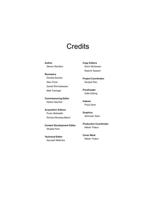 Credits
Author
Steven Renders
Reviewers
Daniela Bozdoc
Alex Chow
Daniel Rimmelzwaan
Matt Traxinger
Commissioning Editor
Dipika Gaonkar
Acquisition Editors
Purav Motiwalla
Richard Brookes-Bland
Content Development Editor
Shweta Pant
Technical Editor
Saurabh Malhotra
Copy Editors
Kevin McGowan
Rashmi Sawant
Project Coordinator
Sanjeet Rao
Proofreader
Safis Editing
Indexer
Priya Sane
Graphics
Abhinash Sahu
Production Coordinator
Nitesh Thakur
Cover Work
Nitesh Thakur
www.allitebooks.com
 