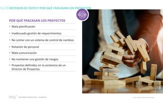 GESTIÓN DE PROYECTOS • SESIÓN 01 © ISIL. Todos los derechos reservados
• Mala planificación
• Inadecuada gestión de requerimientos
• No contar con un sistema de control de cambios
• Rotación de personal
• Mala comunicación
• No mantener una gestión de riesgos
• Proyectos definidos sin la asistencia de un
Director de Proyectos.
POR QUÉ FRACASAN LOS PROYECTOS
CRITERIOS DE ÉXITO Y POR QUÉ FRACASAN LOS PROYECTOS
 