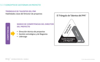 GESTIÓN DE PROYECTOS • SESIÓN 01 © ISIL. Todos los derechos reservados
CONCEPTO DE GESTIONAR UN PROYECTO
MARCO DE COMPETENCIAS DEL DIRECTOR
DEL PROYECTO
• Dirección técnica de proyectos
• Gestión estratégica y de Negocios
• Liderazgo
COMPETENCIAS
TRIÁNGULO DE TALENTOS DEL PMI
Habilidades clave del Director de proyectos
 