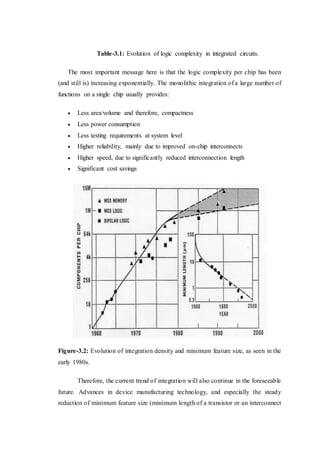 Table-3.1: Evolution of logic complexity in integrated circuits.
The most important message here is that the logic complexity per chip has been
(and still is) increasing exponentially. The monolithic integration of a large number of
functions on a single chip usually provides:
 Less area/volume and therefore, compactness
 Less power consumption
 Less testing requirements at system level
 Higher reliability, mainly due to improved on-chip interconnects
 Higher speed, due to significantly reduced interconnection length
 Significant cost savings
Figure-3.2: Evolution of integration density and minimum feature size, as seen in the
early 1980s.
Therefore, the current trend of integration will also continue in the foreseeable
future. Advances in device manufacturing technology, and especially the steady
reduction of minimum feature size (minimum length of a transistor or an interconnect
 