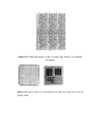 Figure-3.13: Metal mask design to realize a complex logic function on a channeled
GA platform.
Figure-3.14: Layout views of a conventional GA chip and a gate array with two
memory banks.
 