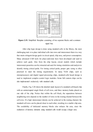 Figure-3.19: Simplified floorplan consisting of two separate blocks and a common
signal bus.
After chip logic design is done using standard cells in the library, the most
challenging task is to place individual cells into rows and interconnect them in a way
that meets stringent design goals in circuit speed, chip area, and power consumption.
Many advanced CAD tools for place-and-route have been developed and used to
achieve such goals. Also from the chip layout, circuit models which include
interconnect parasitics can be extracted and used for timing simulation and analysis to
identify timing critical paths. For timing critical paths, proper gate sizing is often
practiced to meet the timing requirements. In many VLSI chips, such as
microprocessors and digital signal processing chips, standard-cells based design is
used to implement complex control logic modules. Some full custom chips can be
also implemented exclusively with standard cells.
Finally, Fig. 3.20 shows the detailed mask layout of a standard-cell-based chip
with an uninterrupted single block of cell rows, and three memory banks placed on
one side of the chip. Notice that within the cell block, the separations between
neighboring rows depend on the number of wires in the routing channel between the
cell rows. If a high interconnect density can be achieved in the routing channel, the
standard cell rows can be placed closer to each other, resulting in a smaller chip area.
The availability of dedicated memory blocks also reduces the area, since the
realization of memory elements using standard cells would occupy a larger area.
 