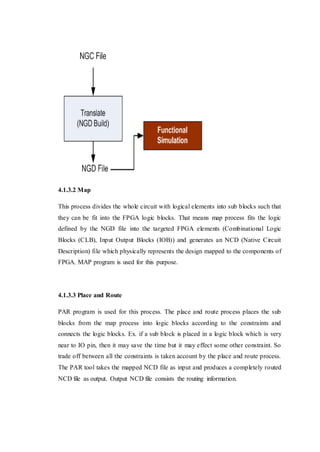 4.1.3.2 Map
This process divides the whole circuit with logical elements into sub blocks such that
they can be fit into the FPGA logic blocks. That means map process fits the logic
defined by the NGD file into the targeted FPGA elements (Combinational Logic
Blocks (CLB), Input Output Blocks (IOB)) and generates an NCD (Native Circuit
Description) file which physically represents the design mapped to the components of
FPGA. MAP program is used for this purpose.
4.1.3.3 Place and Route
PAR program is used for this process. The place and route process places the sub
blocks from the map process into logic blocks according to the constraints and
connects the logic blocks. Ex. if a sub block is placed in a logic block which is very
near to IO pin, then it may save the time but it may effect some other constraint. So
trade off between all the constraints is taken account by the place and route process.
The PAR tool takes the mapped NCD file as input and produces a completely routed
NCD file as output. Output NCD file consists the routing information.
 