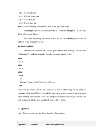 clk = 0; // Set clk to 0
#1; // Wait for 1 time unit
clk = 1; // Set clk to 1
#1; // Wait 1 time unit
end // Keeps executing - so continue back at the top of the begin
The always keyword acts similar to the "C" construct while(1) {..} in the sense
that it will execute forever.
The other interesting exception is the use of the initial keyword with the
addition of the forever keyword.
6.6 Race Condition
The order of execution isn't always guaranteed within Verilog. This can best
be illustrated by a classic example. Consider the code snippet below:
initial
a = 0;
initial
b = a;
initial
begin
#1;
$display("Value a=%b Value of b=%b",a,b);
end
What will be printed out for the values of a and b? Depending on the order of
execution of the initial blocks, it could be zero and zero, or alternately zero and some
other arbitrary uninitialized value. The $display statement will always execute after
both assignment blocks have completed, due to the #1 delay.
6.7 Operators
Note: These operators are not shown in order of precedence.
Operator
type
Operator
symbols
Operation performed
 
