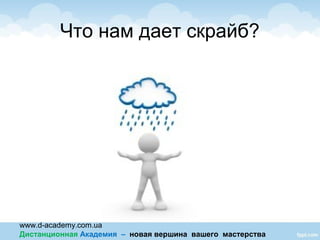 www.d-academy.com.ua
Дистанционная Академия – новая вершина вашего мастерства
Что нам дает скрайб?
 