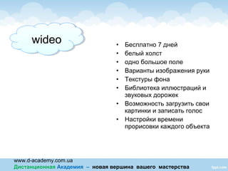 www.d-academy.com.ua
Дистанционная Академия – новая вершина вашего мастерства
• Бесплатно 7 дней
• белый холст
• одно большое поле
• Варианты изображения руки
• Текстуры фона
• Библиотека иллюстраций и
звуковых дорожек
• Возможность загрузить свои
картинки и записать голос
• Настройки времени
прорисовки каждого объекта
wideowideo
 