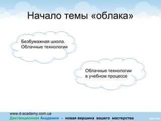 www.d-academy.com.ua
Дистанционная Академия – новая вершина вашего мастерства
Начало темы «облака»
Безбумажная школа.
Облачные технологии
Облачные технологии
в учебном процессе
 